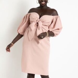 NEW Eloquii 28 Off Shoulder Tie‎ Puff Sleeve Midi Dress Blush